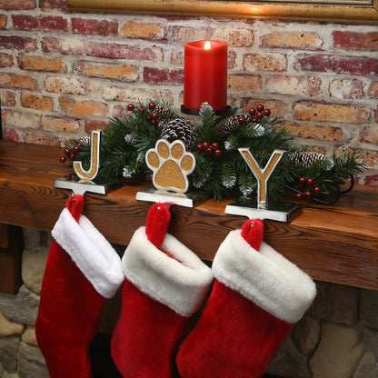 5 in. 3-Pieces Gold Sparkle JOY Christmas Stocking Holders, Gold and Silver with Paw Print