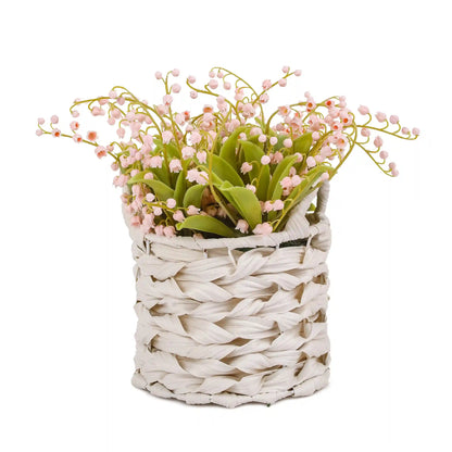 11 in. Spring Pink Lily-of-the-Valley Flowers in White Basket