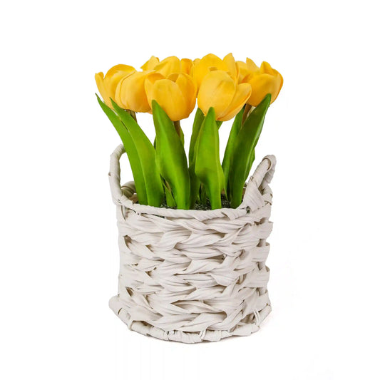 10 in. Spring Yellow Tulip Bouquet in White Basket