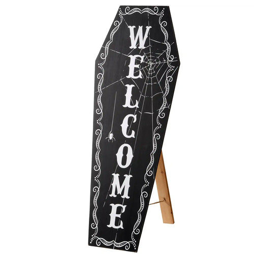 28 in. Halloween Black Coffin Welcome Standup Sign Decoration