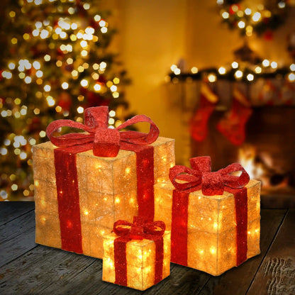 Pre-Lit Gold Gift Boxes, Set of Three, 105 White Lights, Plug-In