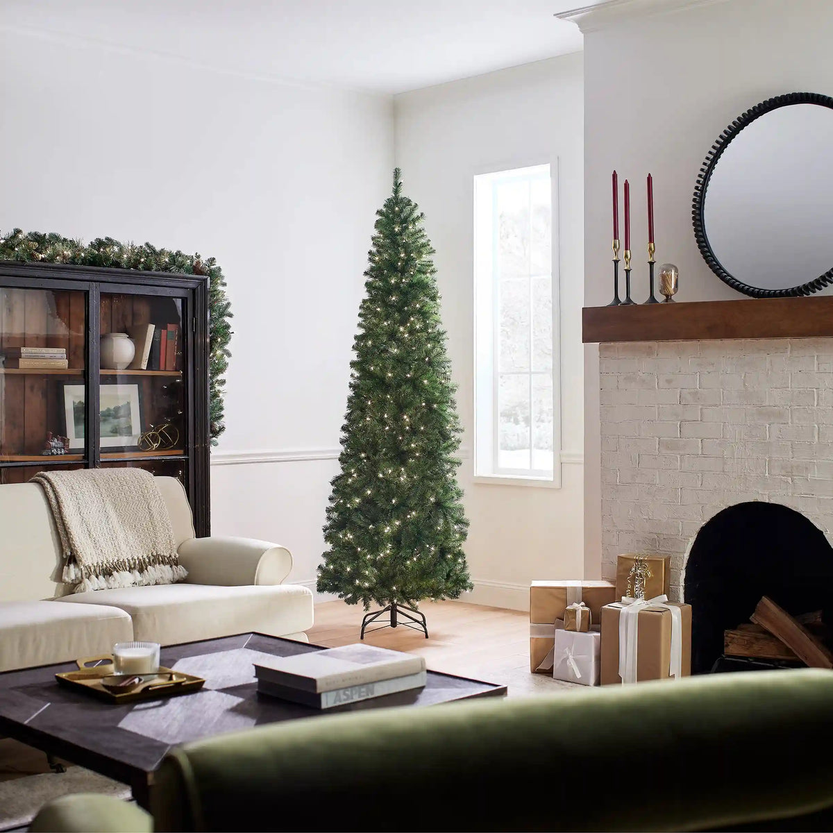 7.5 ft. Pre-Lit North Valley Spruce Pencil Slim Tree with Clear Lights, Plug-In
