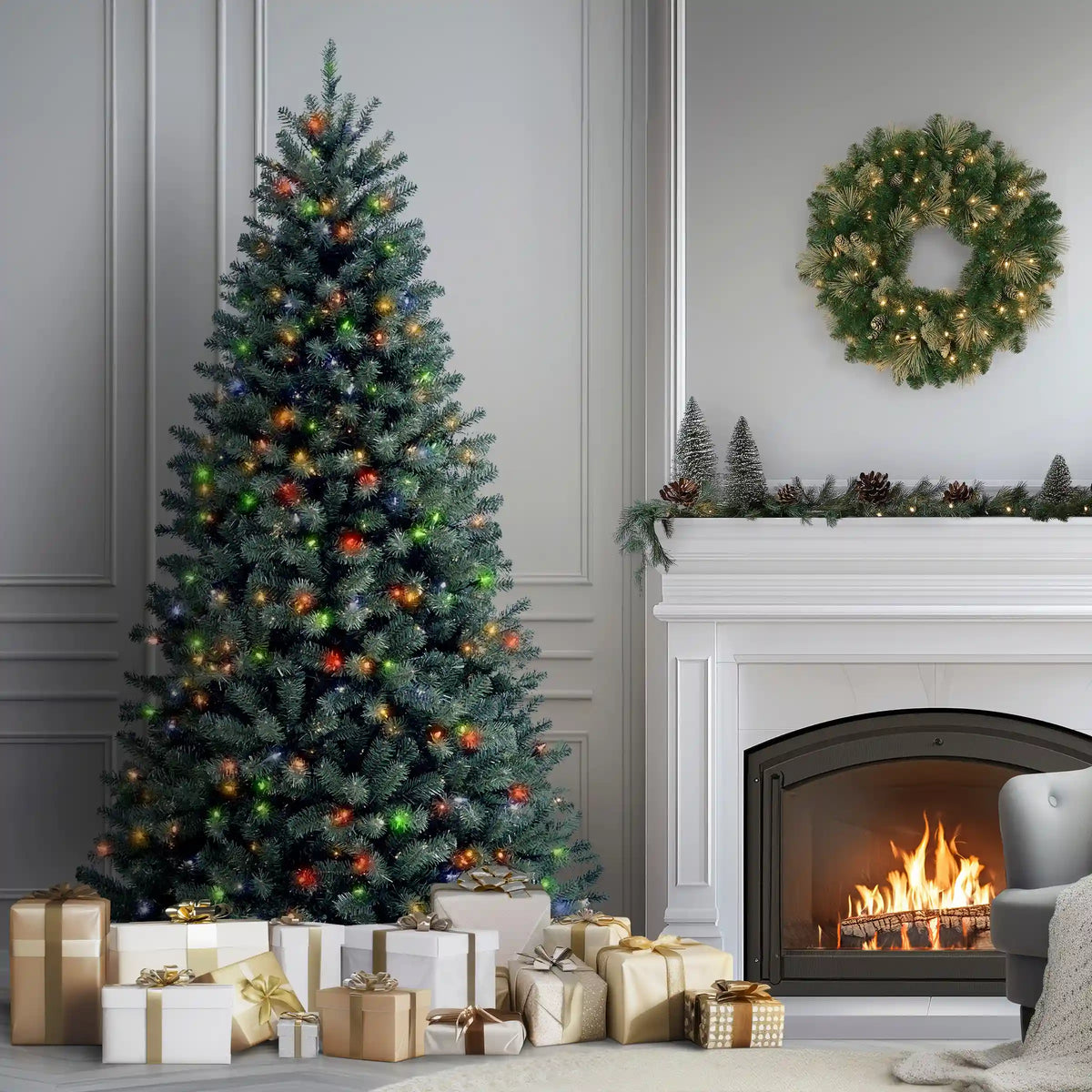 7.5 ft. Pre-Lit North Valley Spruce Blue Tree with Multicolor Lights, Plug-In