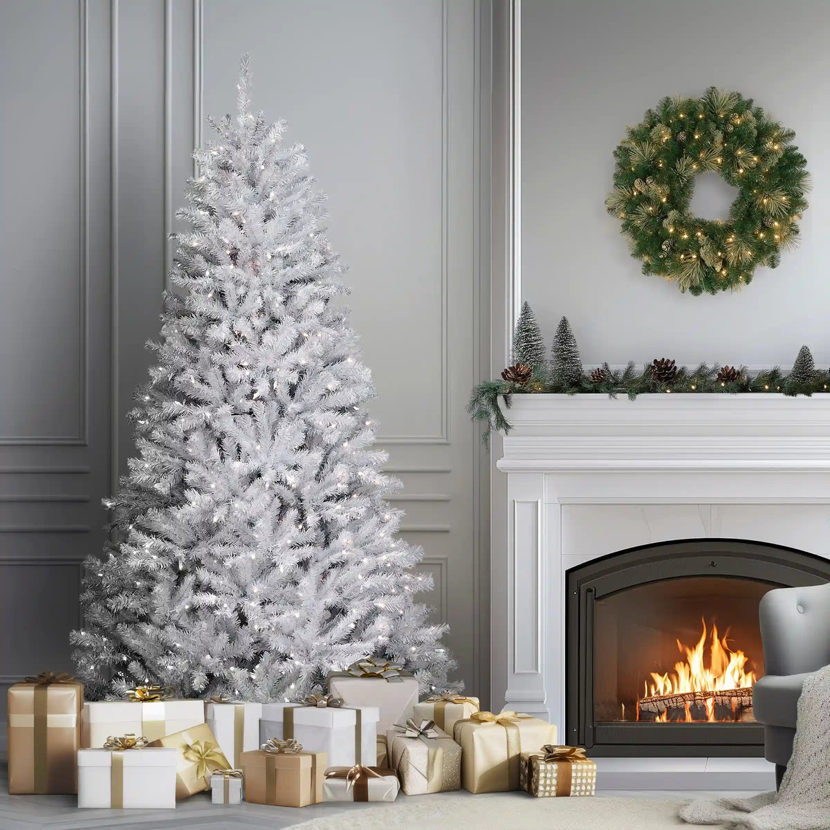 7.5 ft. Pre-Lit North Valley Spruce White Tree with Clear Lights, Plug-In