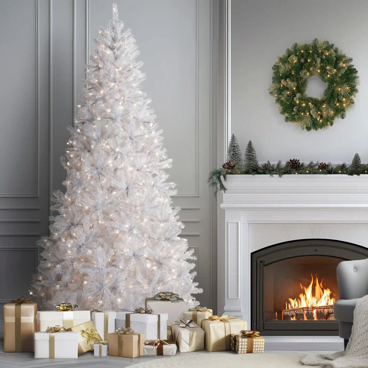 9 ft. Pre-Lit North Valley Spruce White Tree with Clear Lights, Plug-In