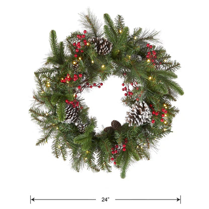 24 in. Pre-Lit Bristle Berry Wreath with LED Lights