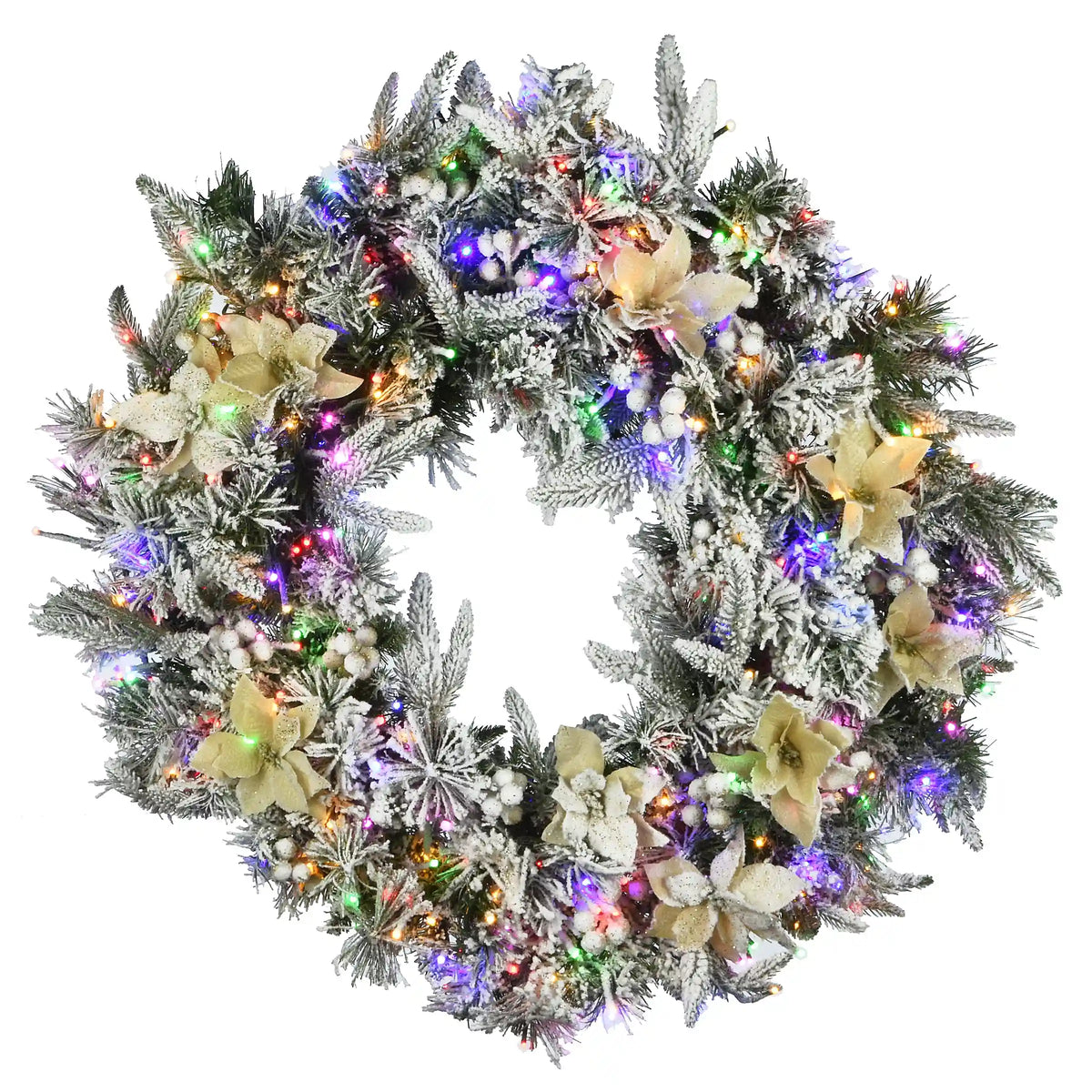 30 in. Pre-Lit Frosted Colonial Fir Wreath with Dual Color LED Cosmic Lights, Plug-In