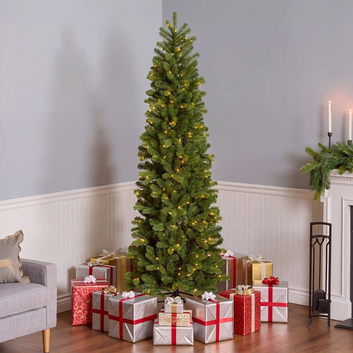7.5 ft. Pre-Lit Downswept Douglas Fir Pencil Slim Hinged Tree with Clear Lights, Plug-In