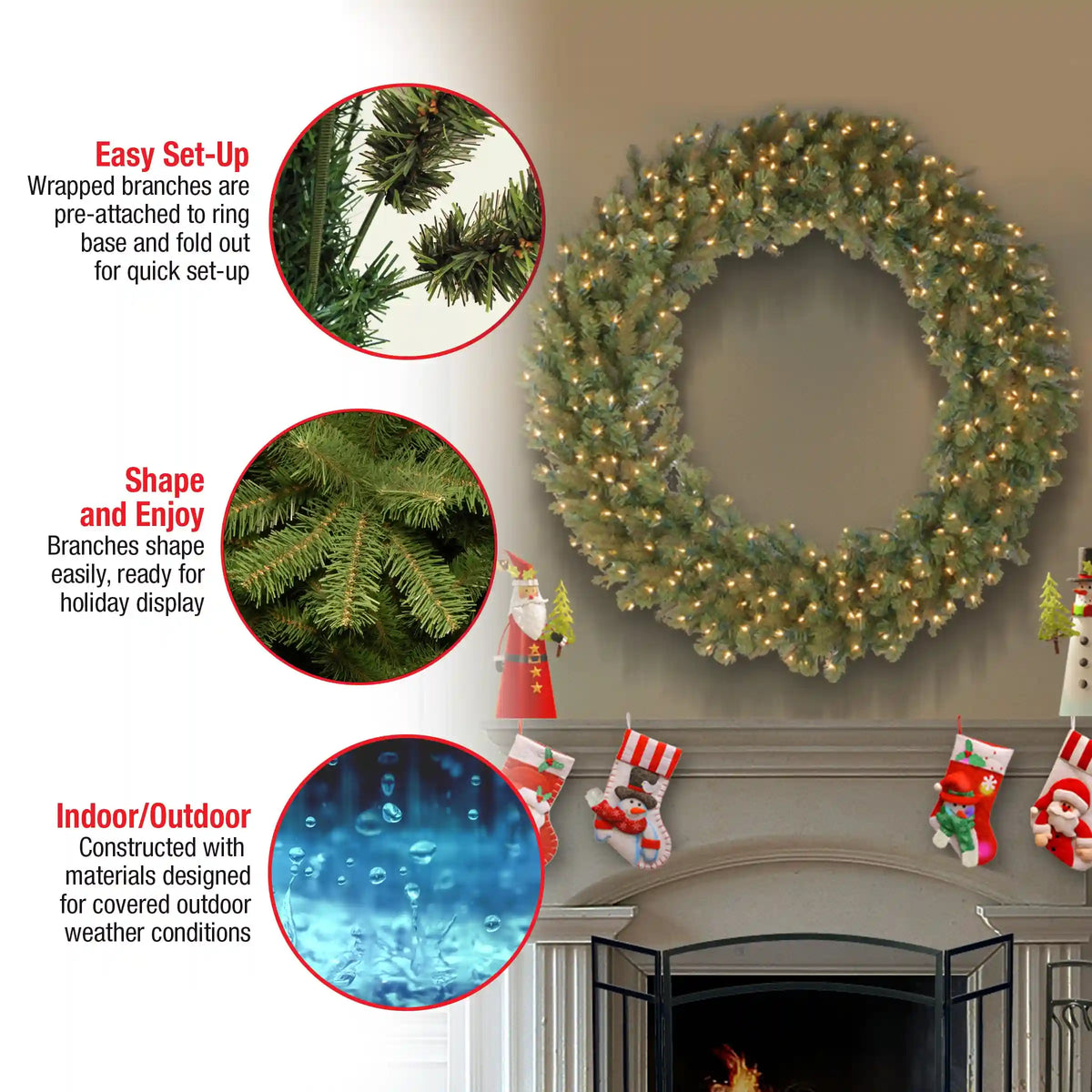 42 in.Pre-Lit Downswept Douglas Wreath with Warm White LED Lights