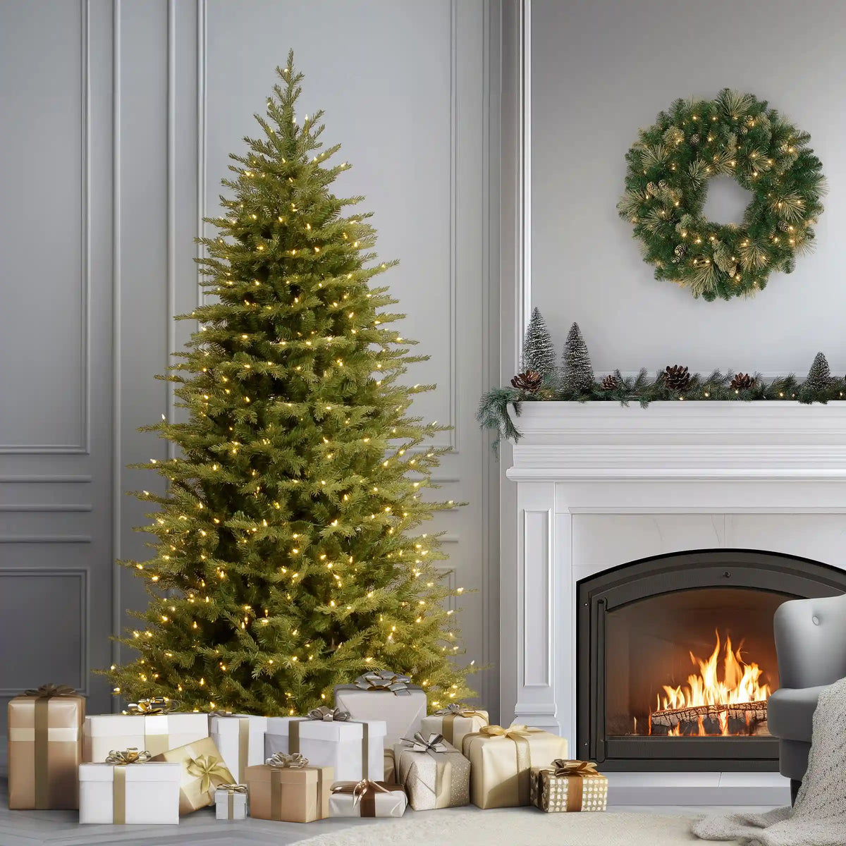 7.5 ft. Pre-Lit Nordic Spruce Slim Tree with Clear Lights, Plug-In
