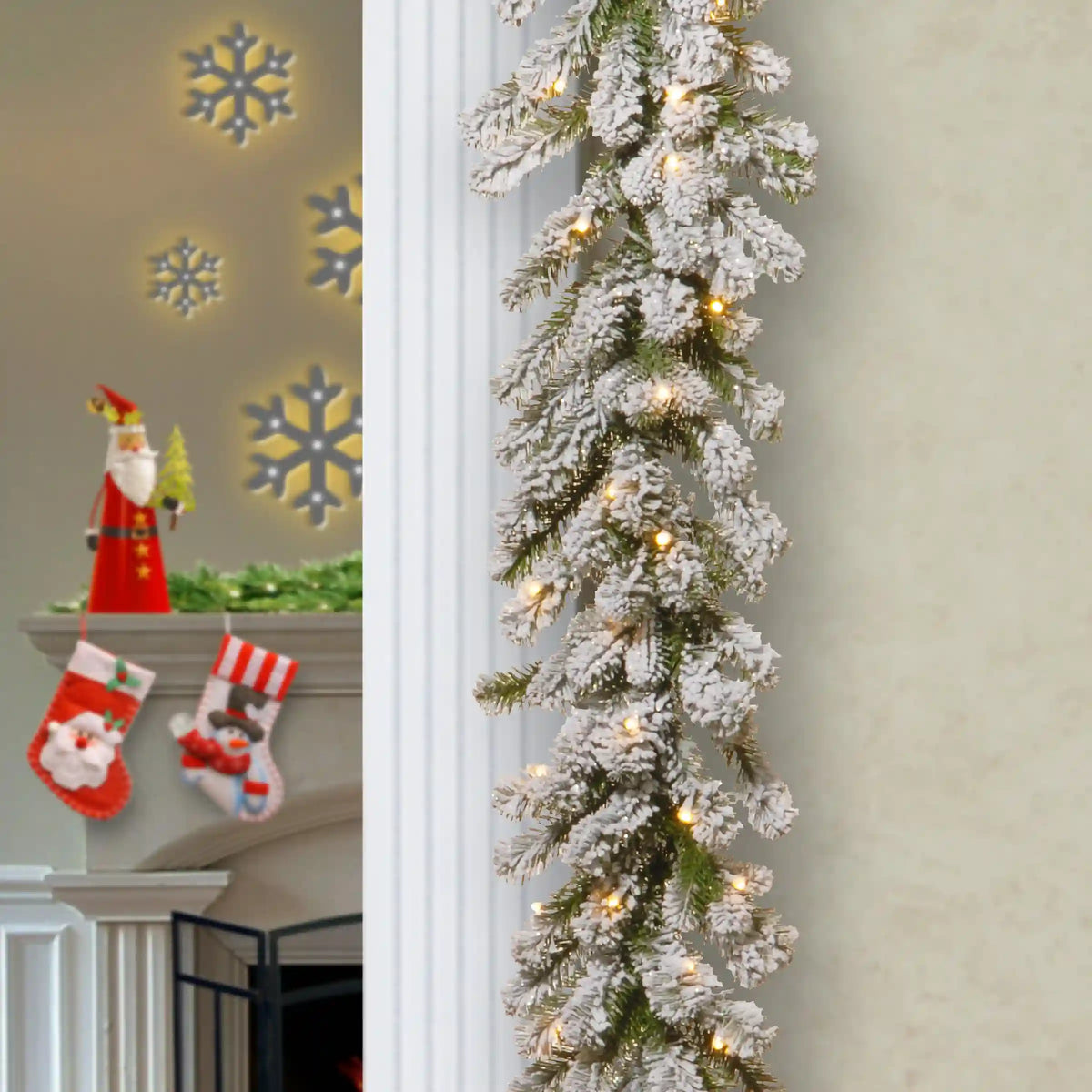 9 ft. Pre-Lit Snowy Sheffield Spruce Garland with Clear Lights, Plug-In