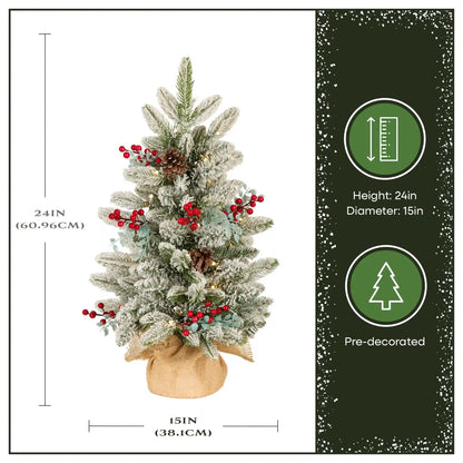 2 ft. Pre-Lit Feel Real Snowberry Pine Mini Flocked Christmas Tree in Burlap Base with Warm White LED Lights