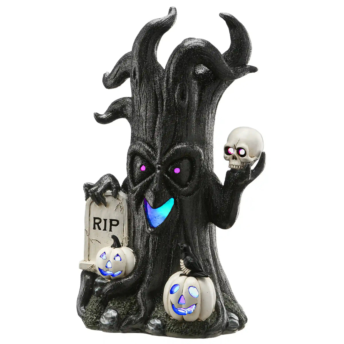 15 in. Halloween Tree Holding Skull and RIP Tombstone with LED Lights