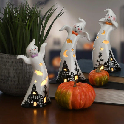 7 in. 3-Piece Halloween Three Dancing Ghosts Ceramic Decoration with LED Lights
