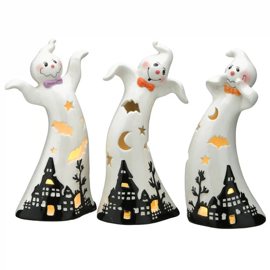 7 in. 3-Piece Halloween Three Dancing Ghosts Ceramic Decoration with LED Lights