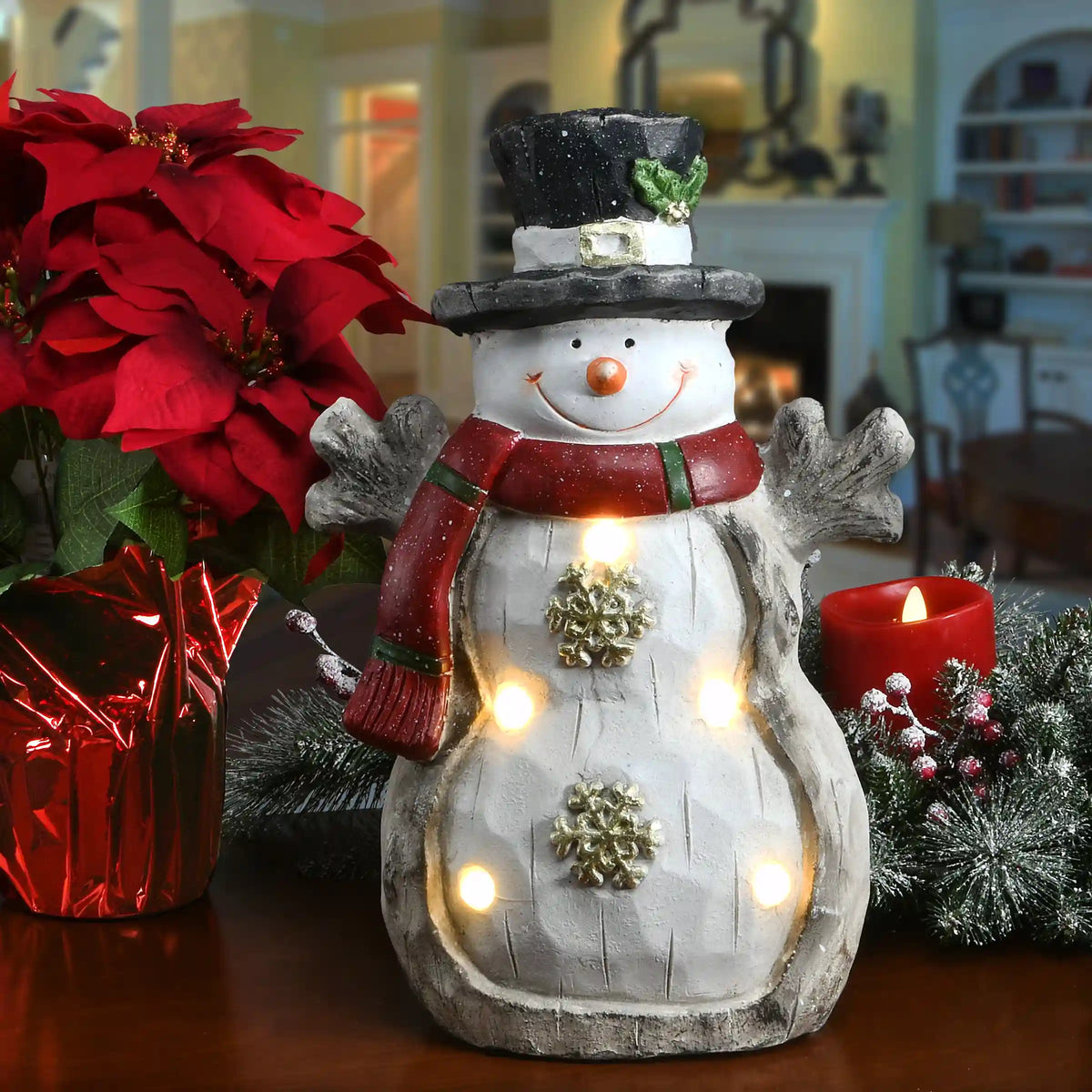 17 in. Snowman with Red Scarf, Black Hat & LED Lights