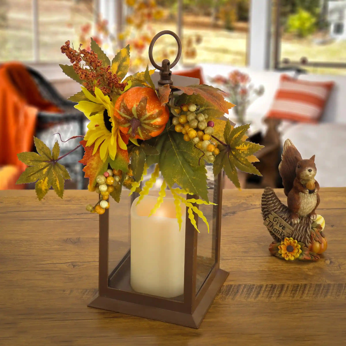 14 in. Fall Lantern with Sunflower, Mixed Leaves, Berry, Pumpkin