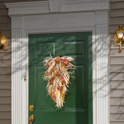 30 in. Fall Teardrop with Raffia Leaves, Corn Cobs, Berry Clusters