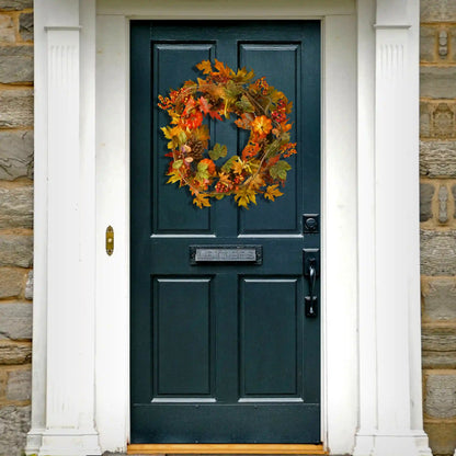 24 in. Fall Wreath with Pumpkins, Pinecones, Berry Clusters, Maple Leaves