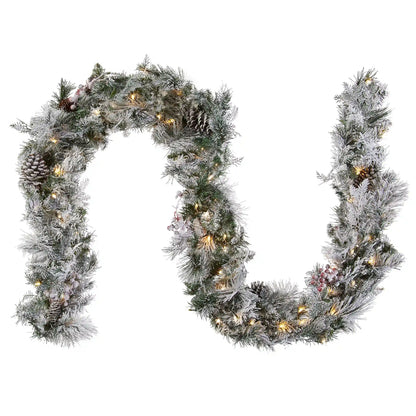 9 ft. Pre-Lit Snowy Bedford Pine Garland with LED Lights