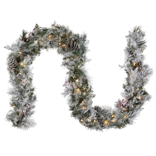 9 ft. Pre-Lit Snowy Bedford Pine Garland with LED Lights
