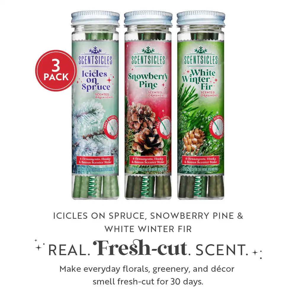 Scentsicles, Scented Ornament 6pc Stick, White Winter Fir, Snowberry Pine and Icicles on Spruce Sticks - 3 Pack