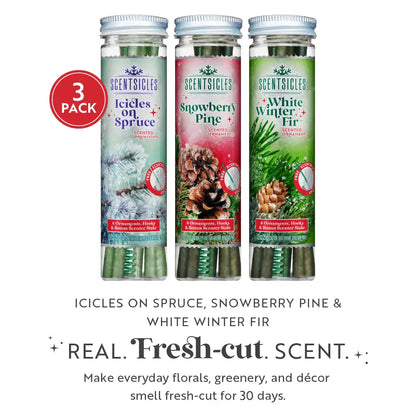 Scentsicles, Scented Ornament 6pc Stick, White Winter Fir, Snowberry Pine and Icicles on Spruce Sticks - 3 Pack