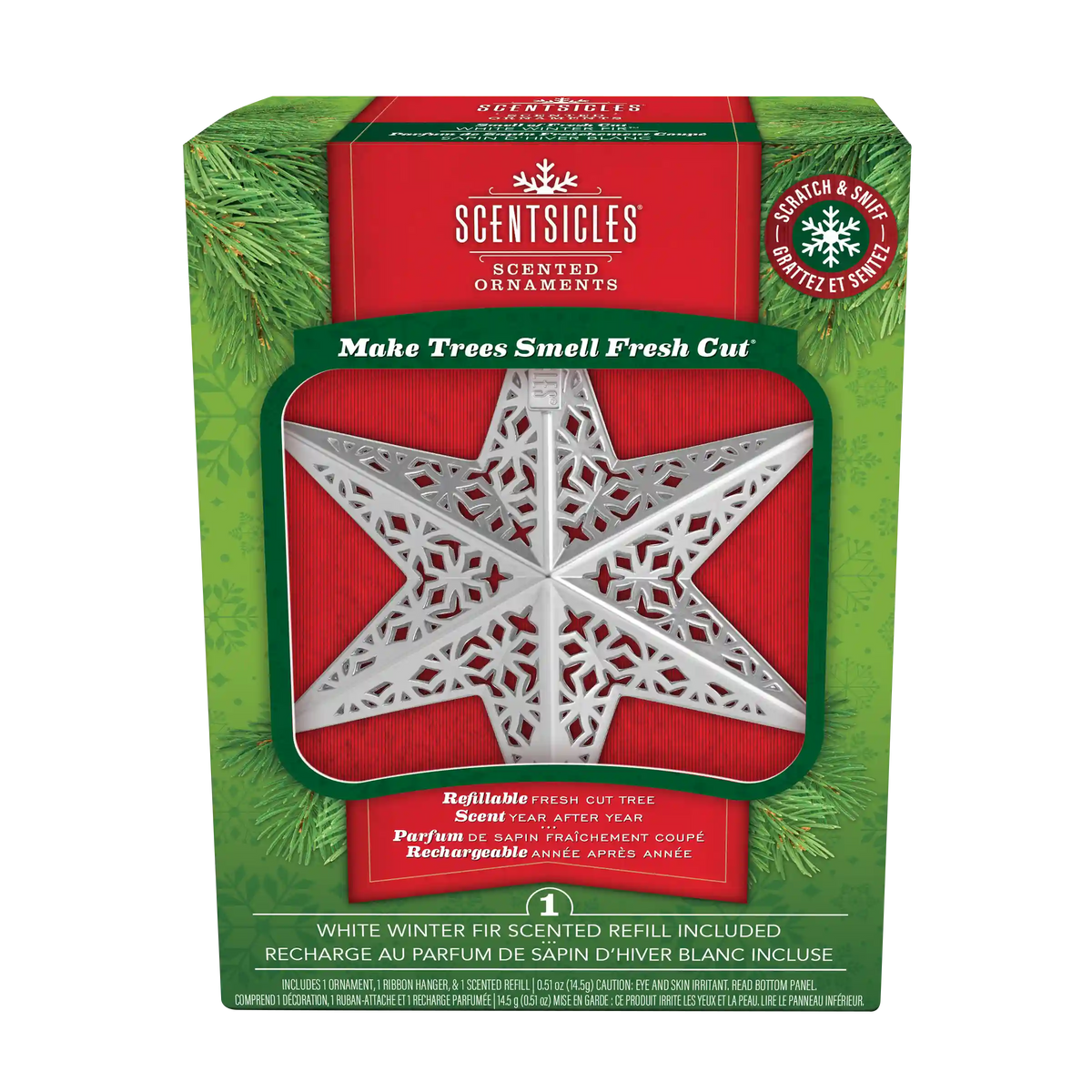 Scentsicles Decorative Ornament, Metal White Star, White Winter Fir with Refill