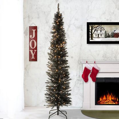 7 ft. Pre-Lit Tinsel Collection Black Tree with Clear Lights, Plug-In