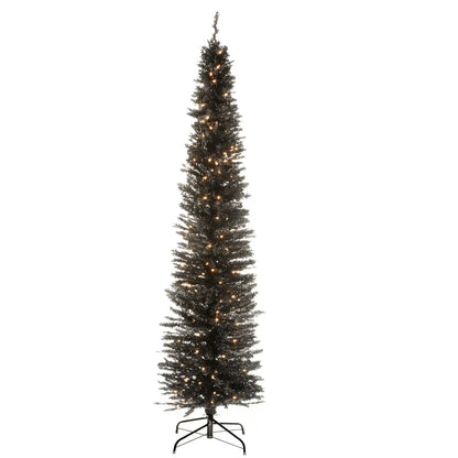 7 ft. Pre-Lit Tinsel Collection Black Tree with Clear Lights, Plug-In