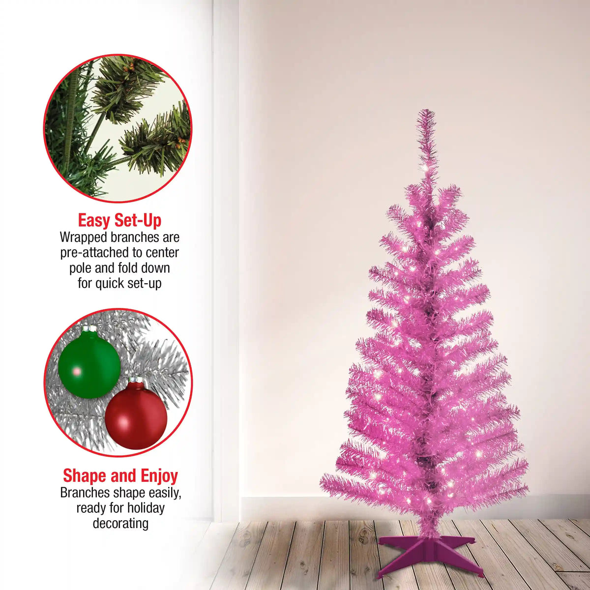 4 ft. Pre-Lit Tinsel Collection Pink Tree with Clear Lights, Plug-In