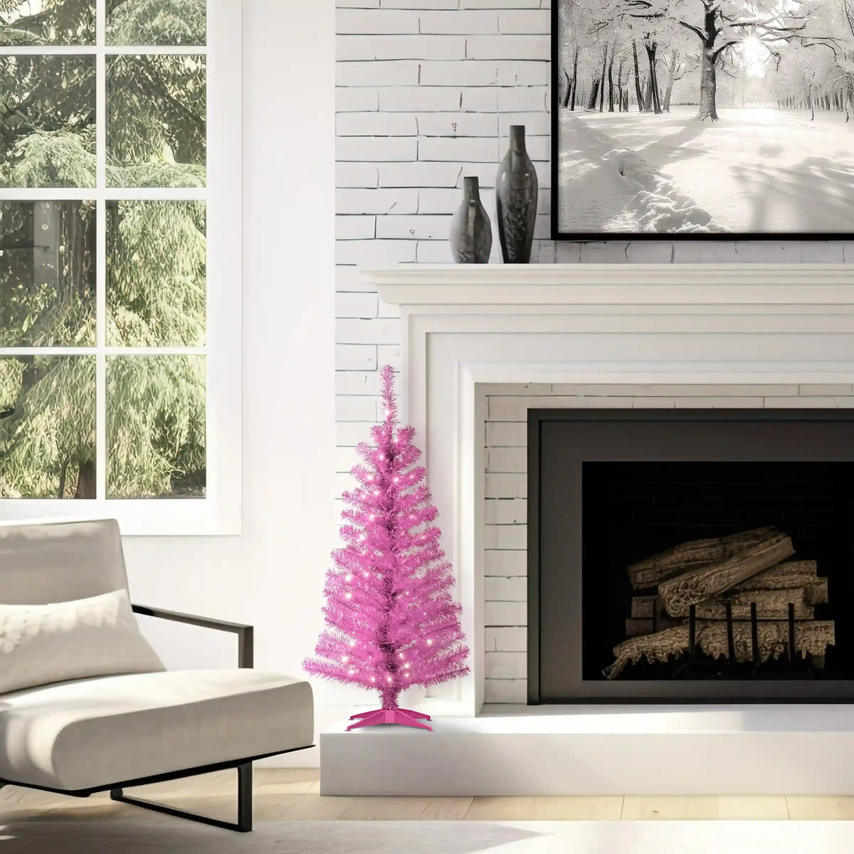 4 ft. Pre-Lit Tinsel Collection Pink Tree with Clear Lights, Plug-In