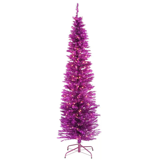 6 ft. Pre-Lit Tinsel Collection Pink Tree with Clear Lights, Plug-In