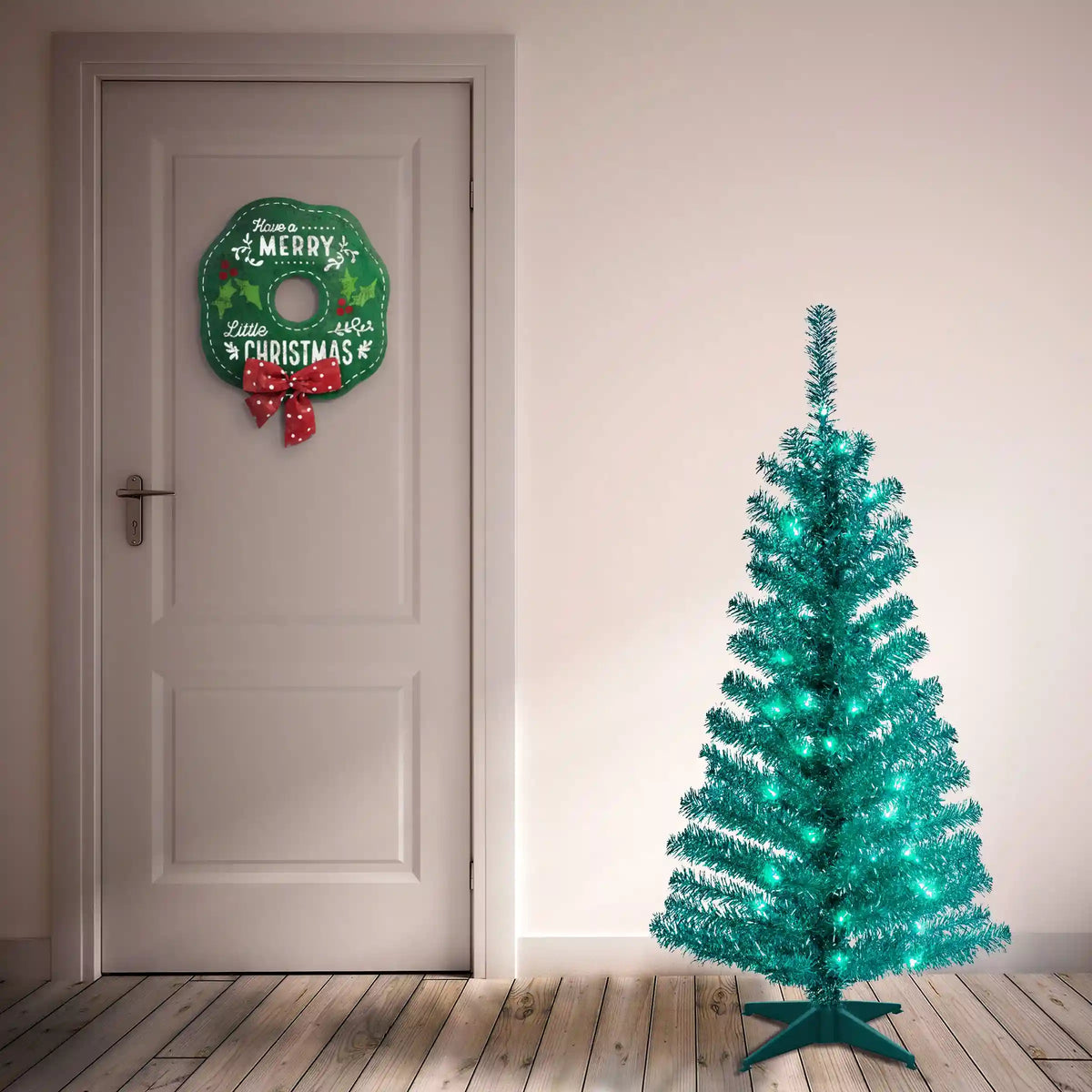4 ft. Pre-Lit Tinsel Collection Turquoise Tree with Clear Lights, Plug-In