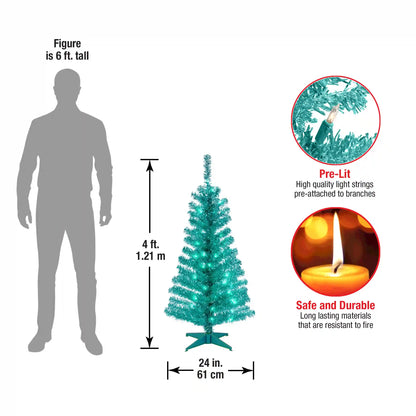 4 ft. Pre-Lit Tinsel Collection Turquoise Tree with Clear Lights, Plug-In