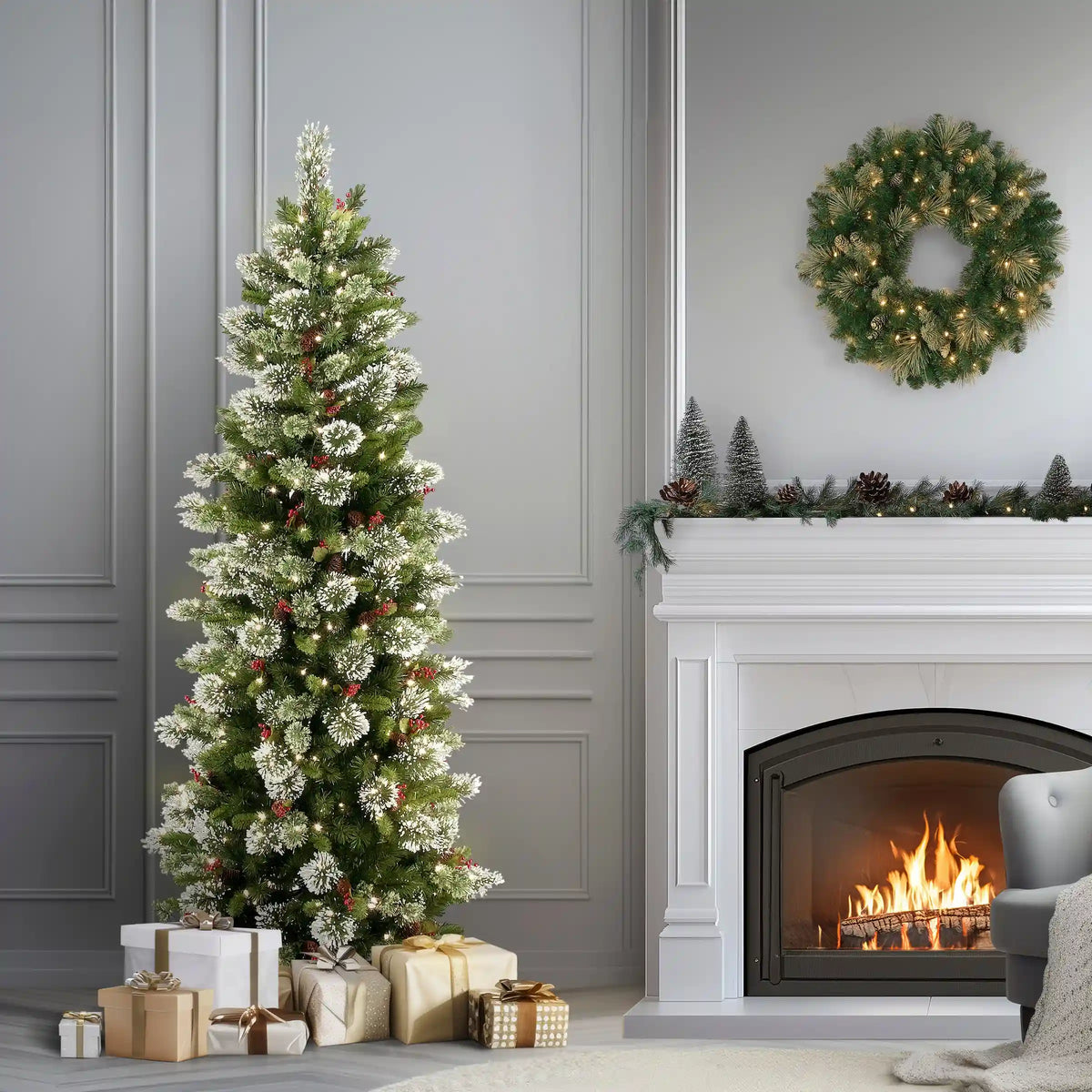 7.5 ft. Pre-Lit Wintry Pine Slim Tree with Clear Lights, Plug-In