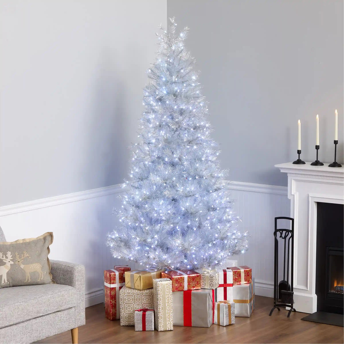 7.5 ft. Pre-Lit Christmas Crystal Pine Silver Metallic Tree, Plug-In