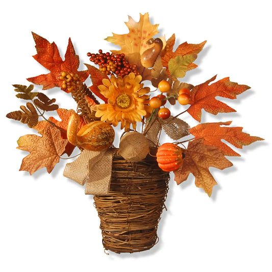 16 in. Fall Flowers in Wicker Basket with Pumpkins, Gourds, Berry Clusters, Burlap, Maple Leaves