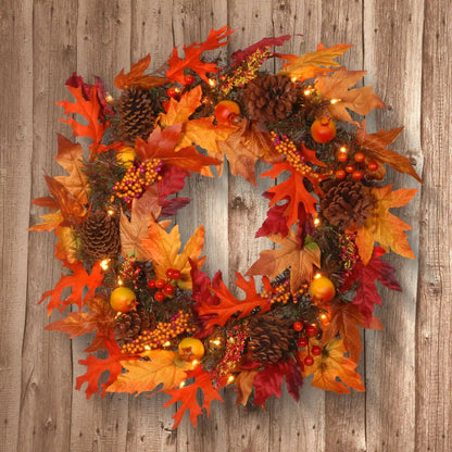 24 in. Pre-Lit Fall Wreath with Gourds, Pinecones, Maple Leaves, Berry Clusters and Lights