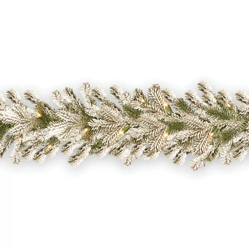 9 ft. Pre-Lit Snowy Sheffield Spruce Garland with Clear Lights, Plug-In