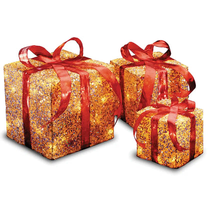 Pre-Lit Gold Gift Box with Red Bow, Set of Three, White Lights, Plug-In